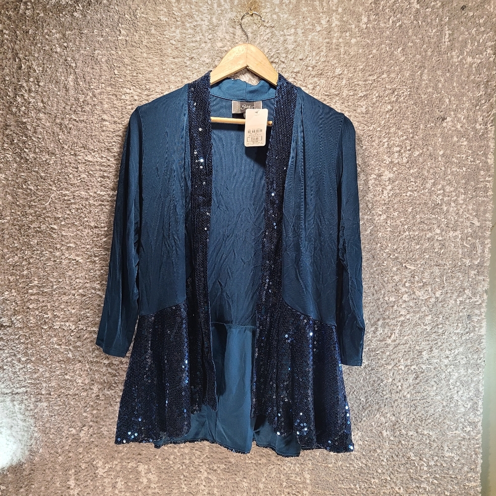 Slinky Brand Cardigan Women's S Open Front Long Sleeve Slinky Stretch Sequin NWT